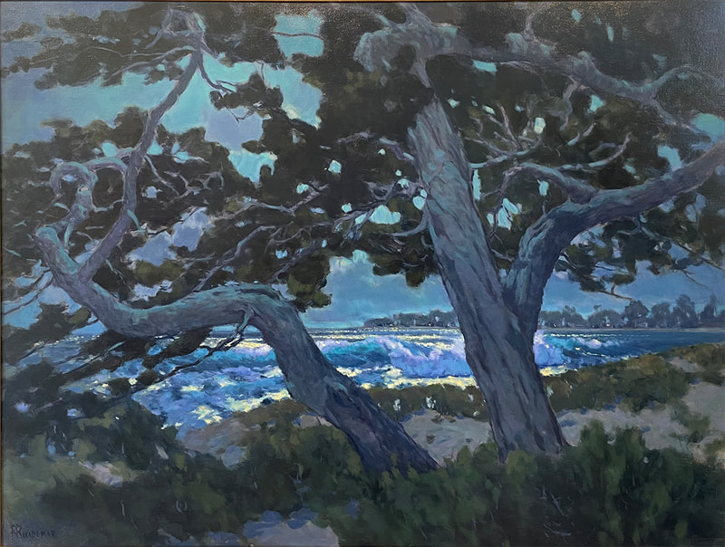 27 Rodolfo Rivademar Cypress in Moonlight, Carpinteria State Beach oil 12000